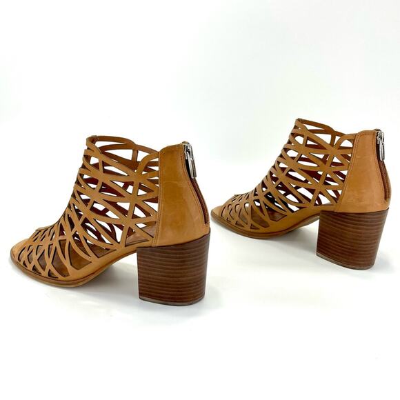 Vince Camuto Open Toe Bootie Sz 10 Tan/Brown Cut-Out Leather Stacked Block Heel - Picture 15 of 16